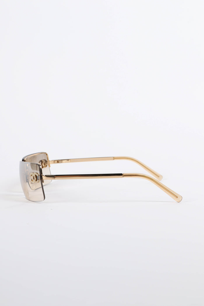 2000s Chanel Gold Gradient Rectangular Diamanté CC Sunglasses