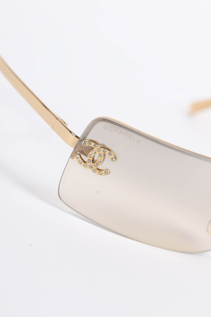 2000s Chanel Gold Gradient Rectangular Diamanté CC Sunglasses