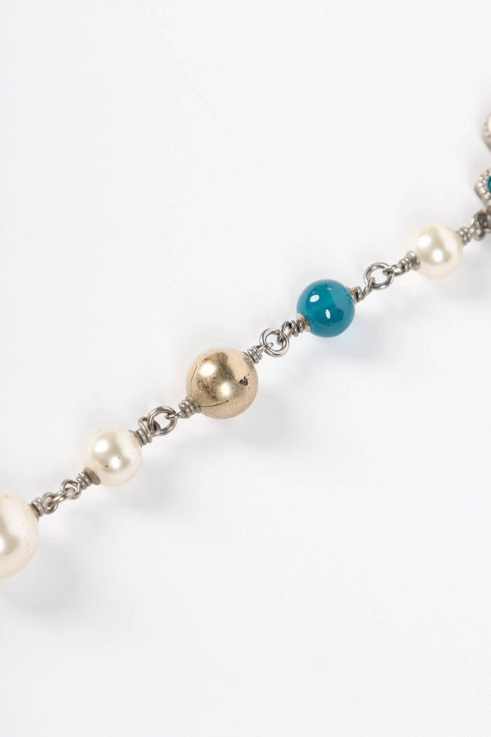 2010s Chanel Faux Pearl and Blue Enamel CC Pendant Necklace