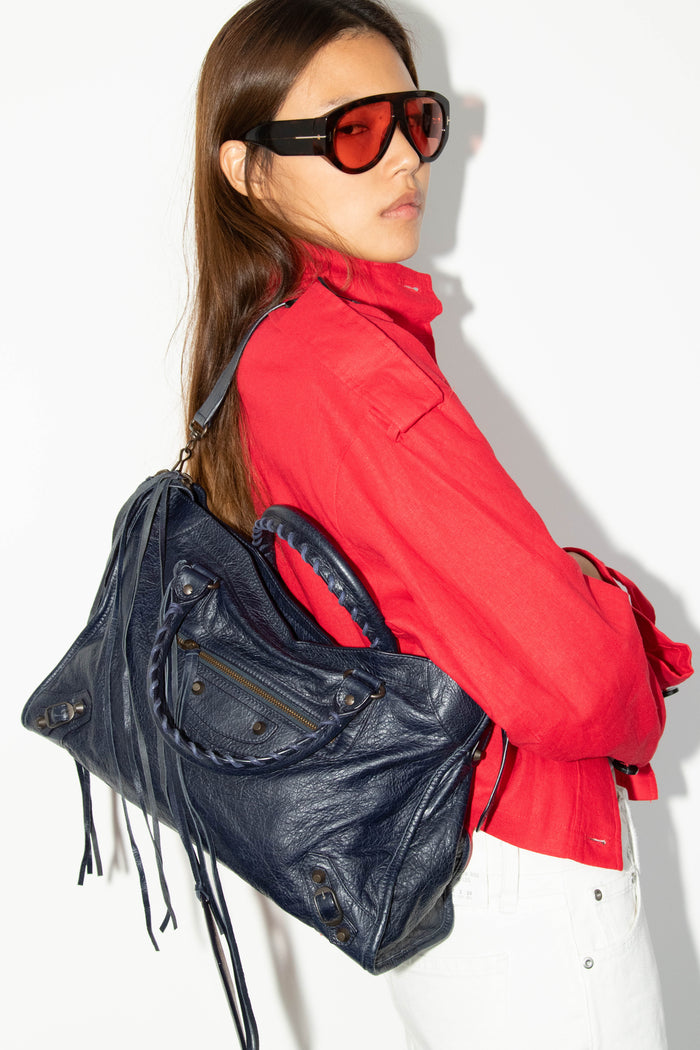2010s Balenciaga Navy Leather City Bag