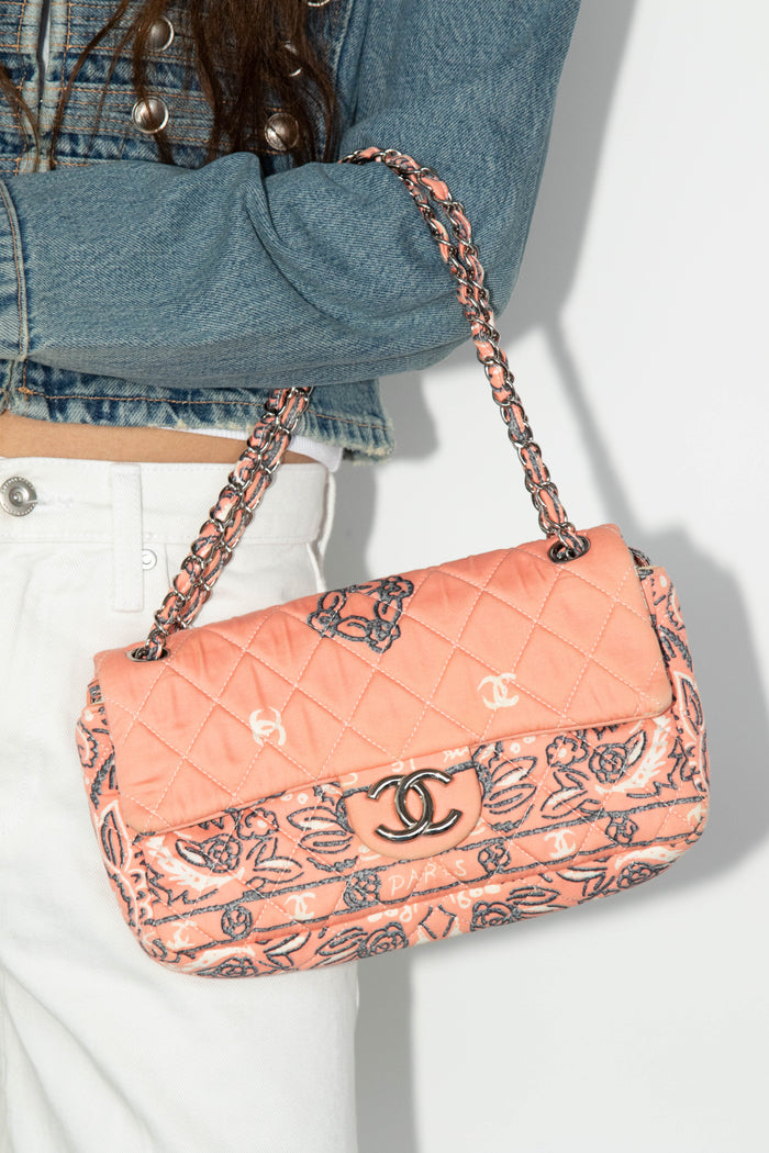 2000s Chanel Pink Bandana Print Single Flap Shoulder Bag