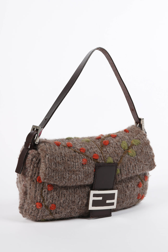 Vintage Fendi Wool Embroidered Baguette Shoulder Bag