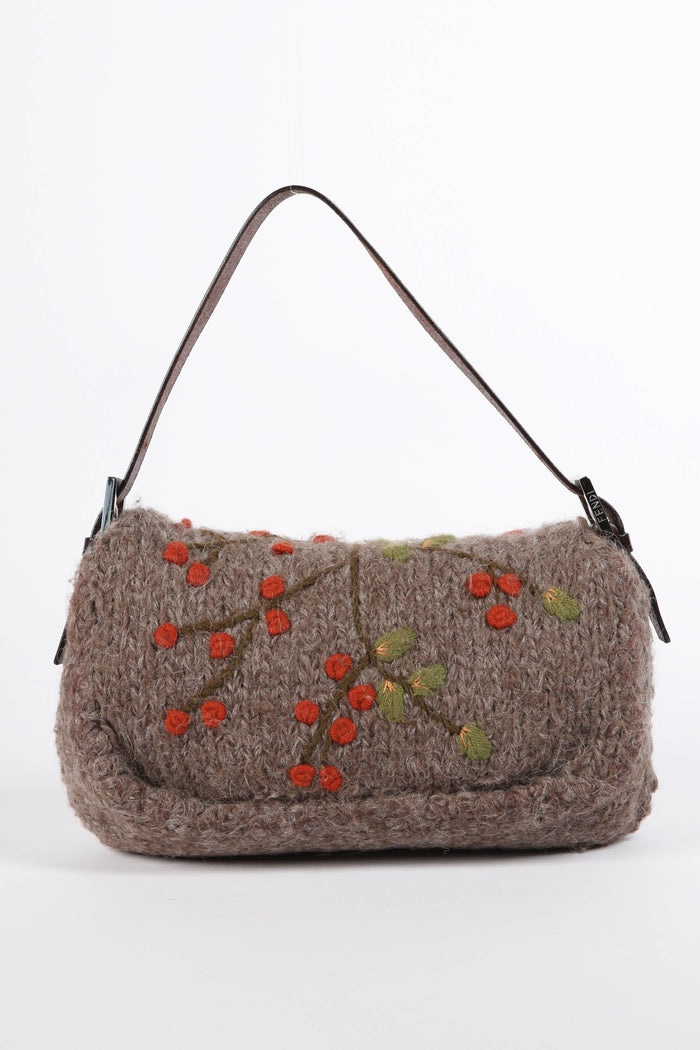 Vintage Fendi Wool Embroidered Baguette Shoulder Bag