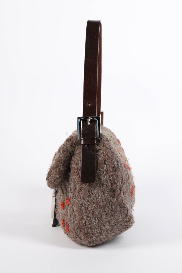 Vintage Fendi Wool Embroidered Baguette Shoulder Bag