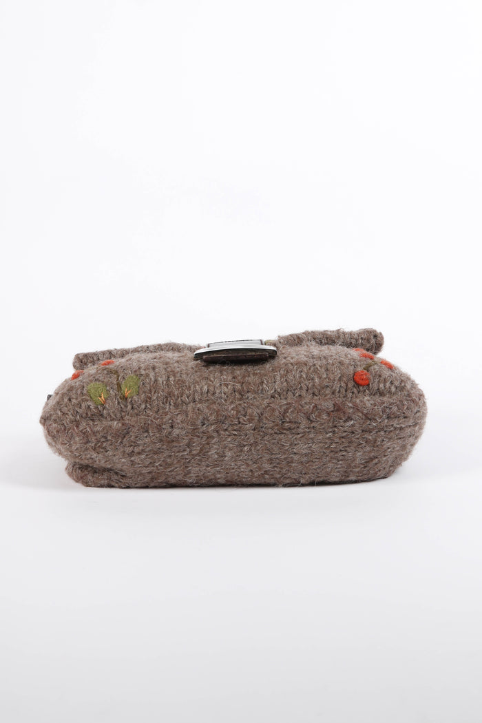 Vintage Fendi Wool Embroidered Baguette Shoulder Bag