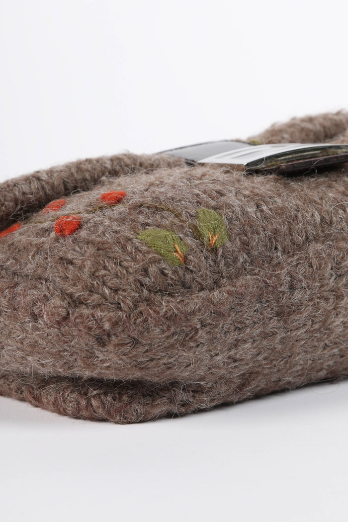 Vintage Fendi Wool Embroidered Baguette Shoulder Bag