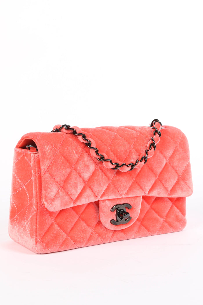 2010s Chanel Neon Pink Velvet Mini Rectangular Flap Shoulder Bag