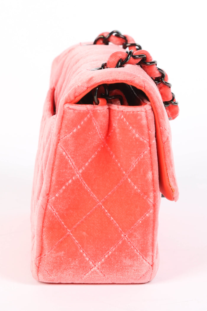 2010s Chanel Neon Pink Velvet Mini Rectangular Flap Shoulder Bag