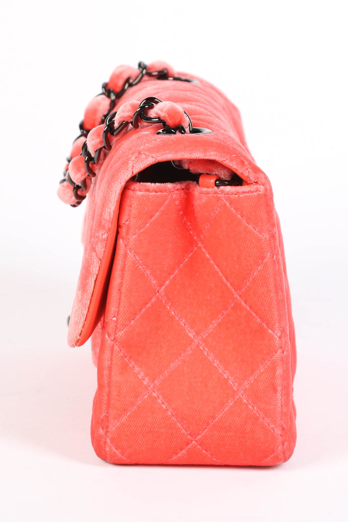 2010s Chanel Neon Pink Velvet Mini Rectangular Flap Shoulder Bag
