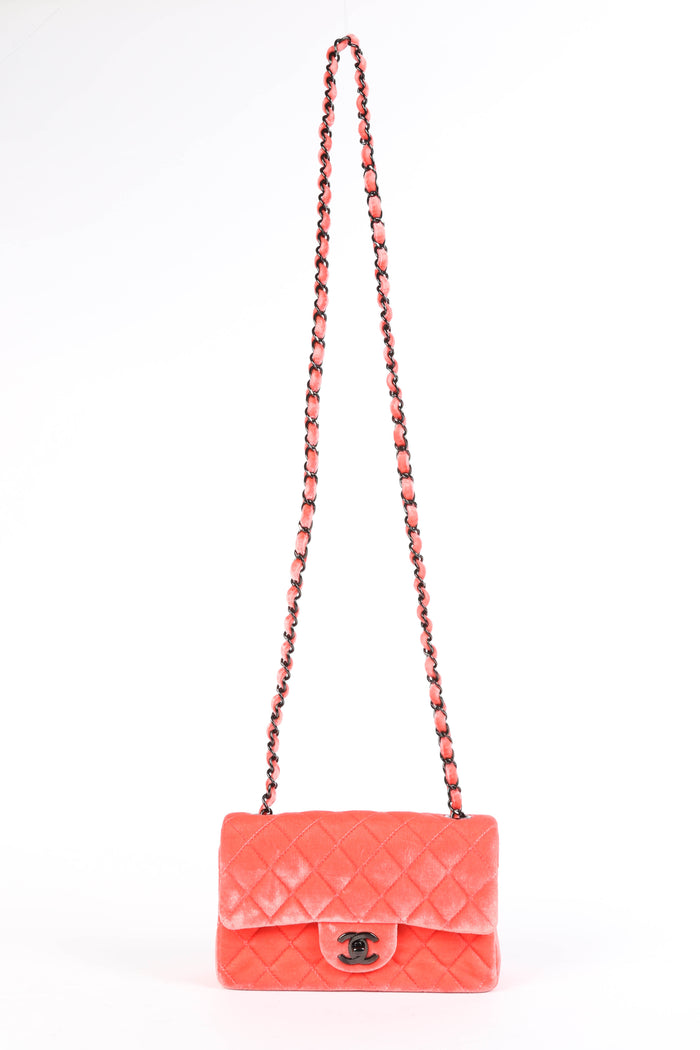 2010s Chanel Neon Pink Velvet Mini Rectangular Flap Shoulder Bag