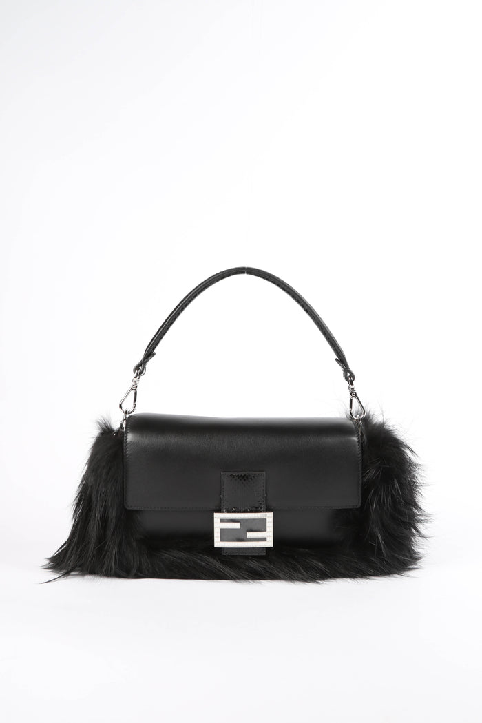 SUPER RARE 2026 Fendi Black Fox Fur and Crystal Embellished Baguette Bag