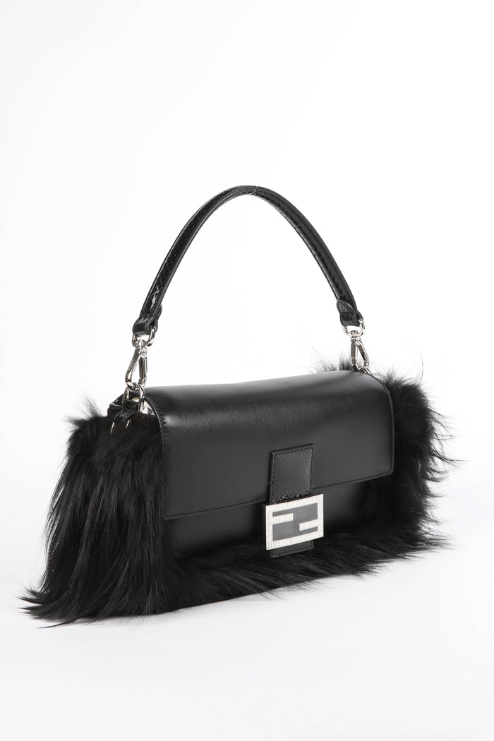 SUPER RARE 2026 Fendi Black Fox Fur and Crystal Embellished Baguette Bag