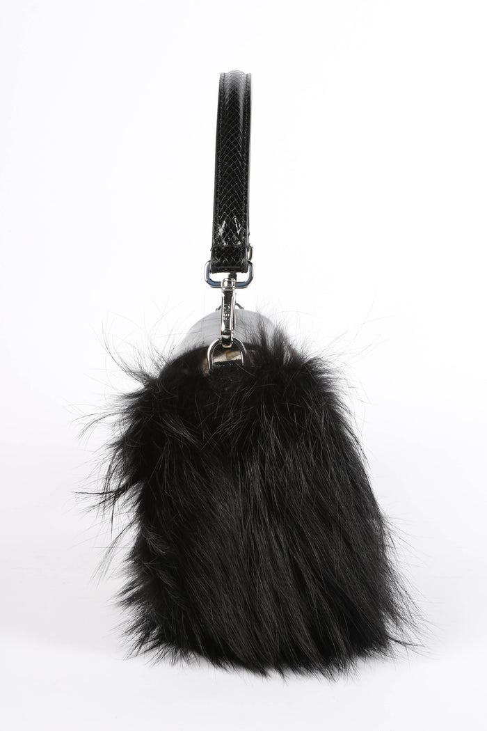 SUPER RARE 2026 Fendi Black Fox Fur and Crystal Embellished Baguette Bag