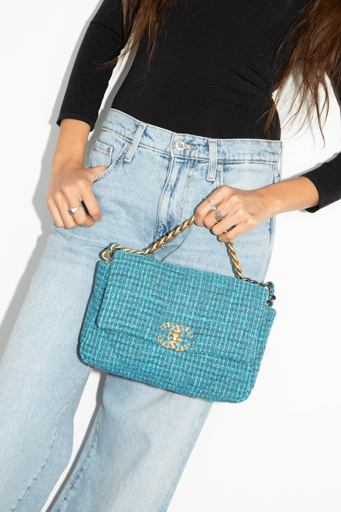 RARE Chanel 19 Teal Tweed Medium Shoulder Bag