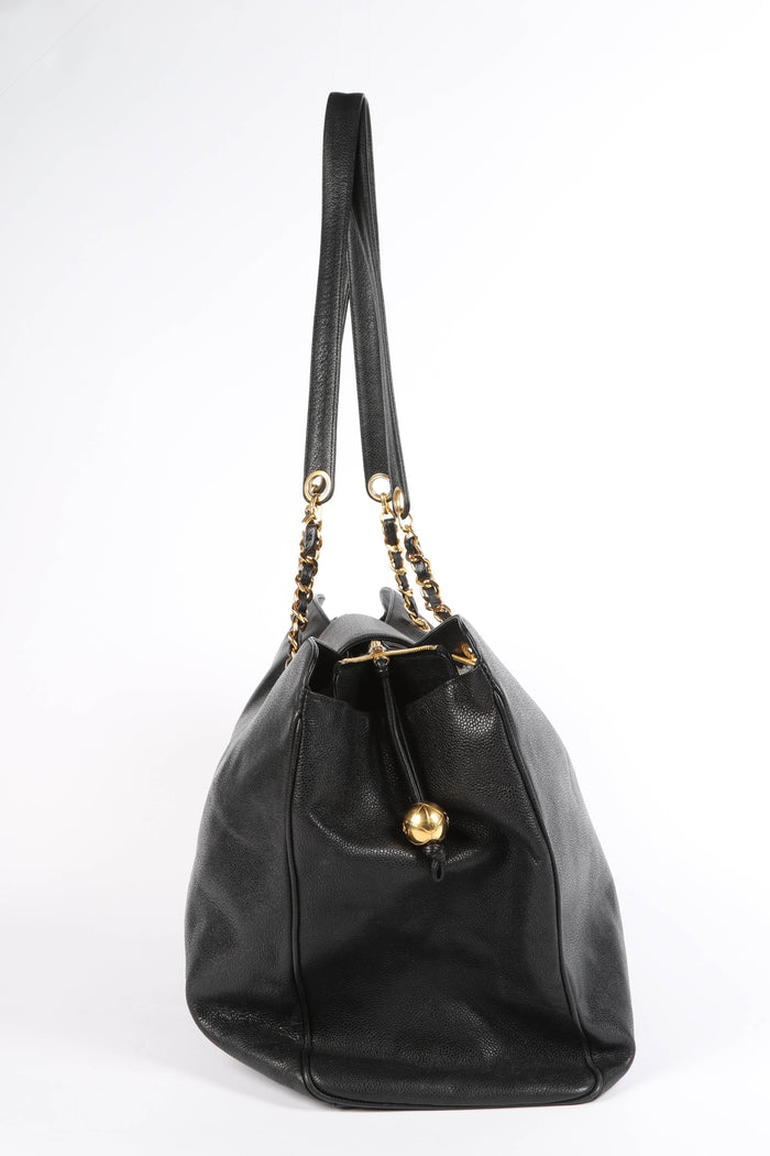 RARE 80s Chanel Black Caviar Leather Supermodel Tote Bag