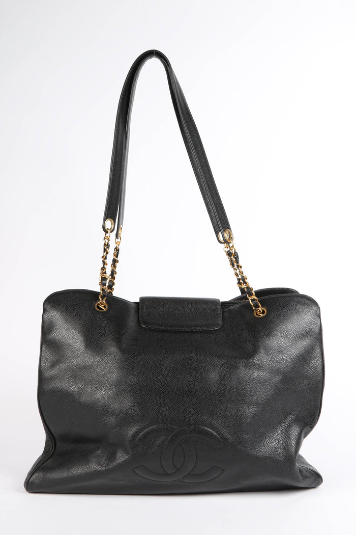 RARE 80s Chanel Black Caviar Leather Supermodel Tote Bag