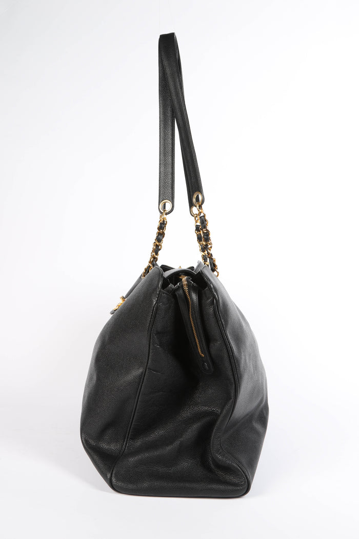 RARE 80s Chanel Black Caviar Leather Supermodel Tote Bag