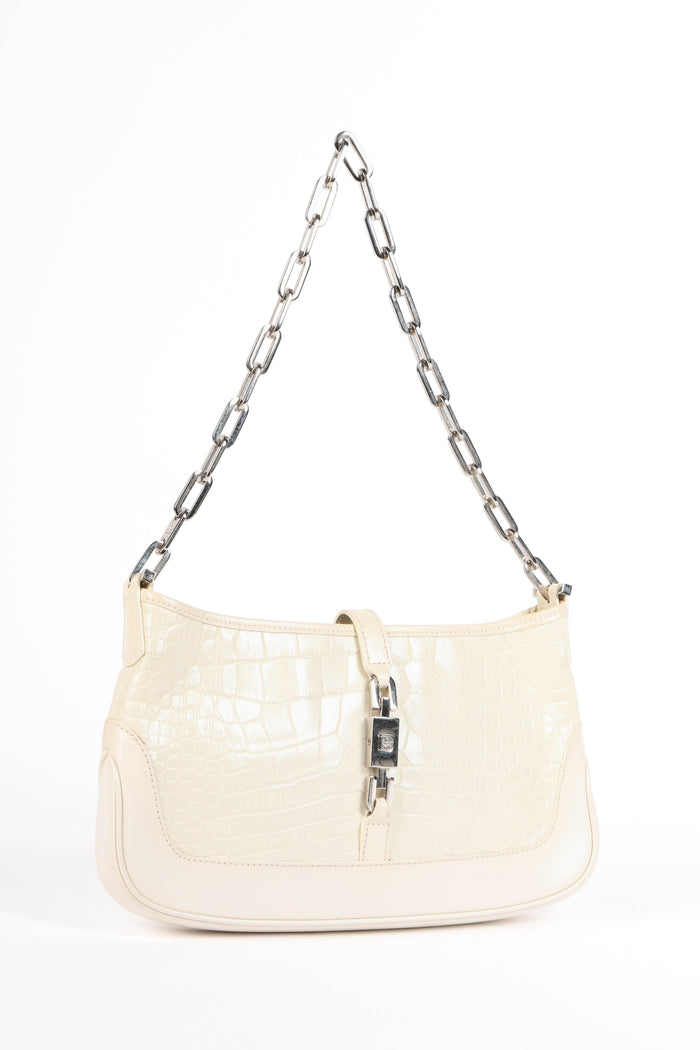 RARE 2000s Gucci White Croc Embossed Chain Jackie Bag