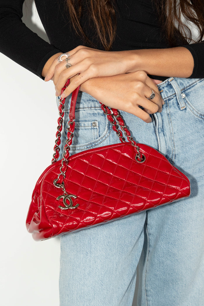 2010s Chanel Red Patent Leather Small Bowling Bag