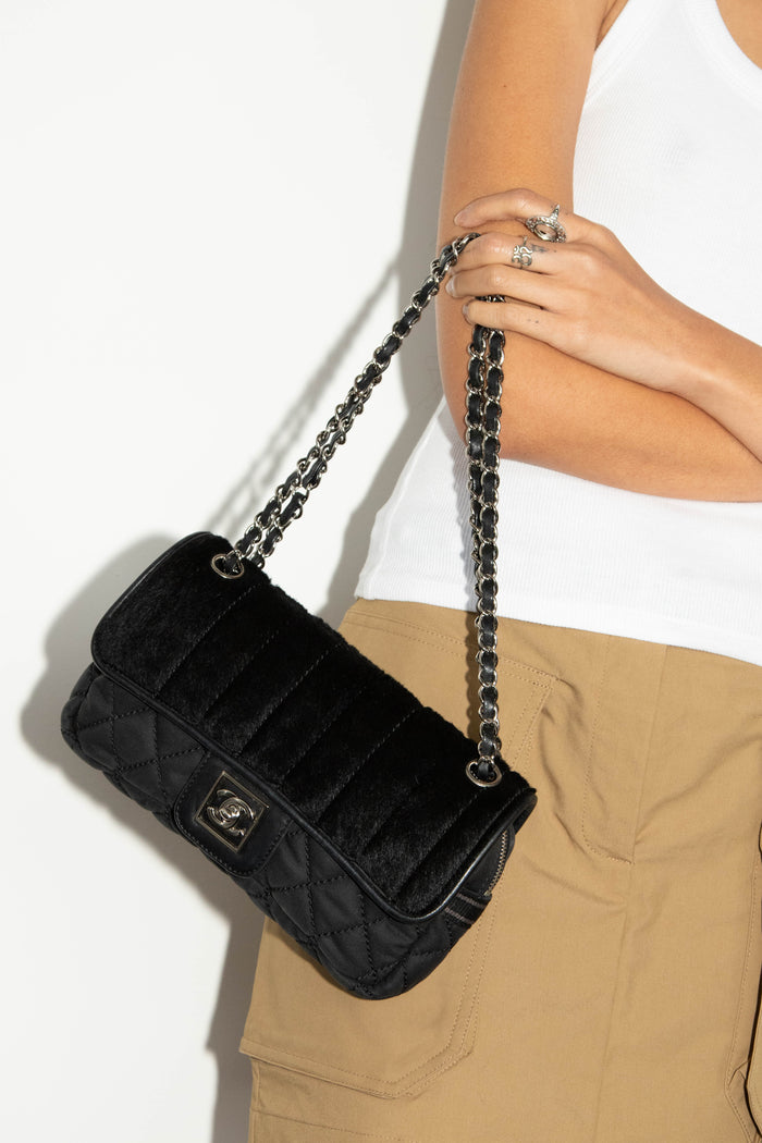 2000s Chanel Sports Line Black Pony Hair Quilted Shoulder Bag
