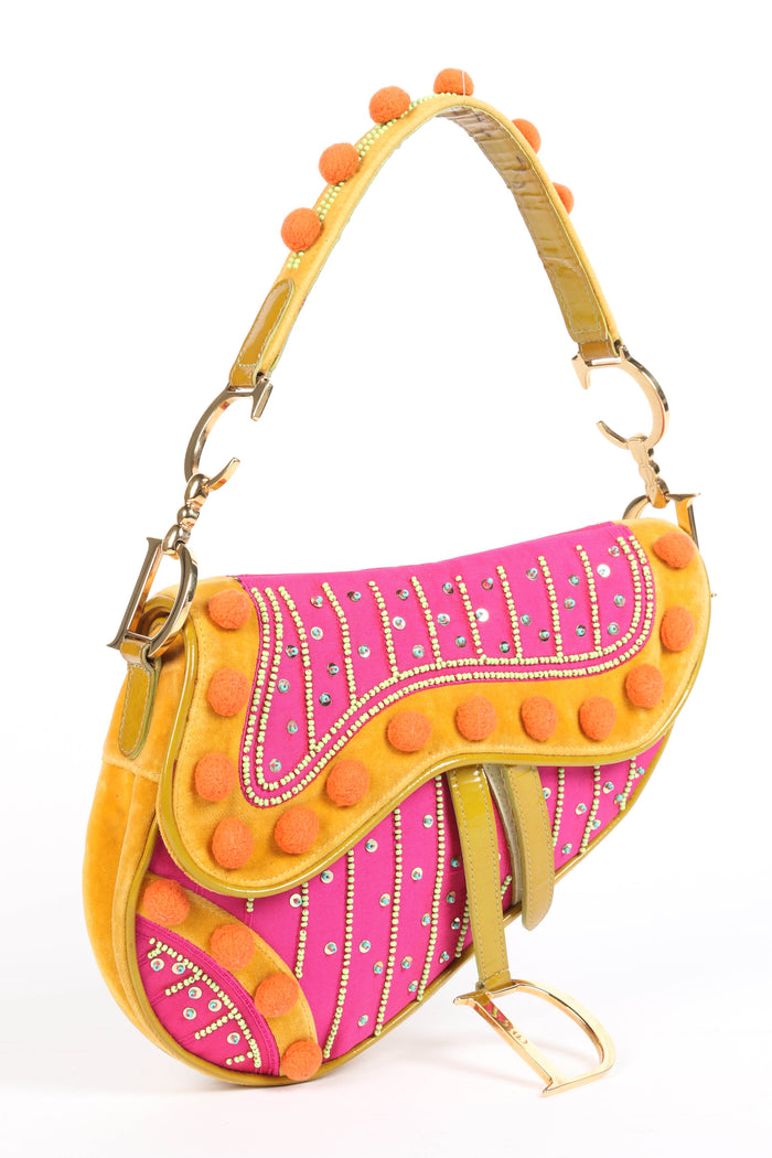 SUPER RARE 2000s Christian Dior Galliano Pink Pom Pom Saddle Bag