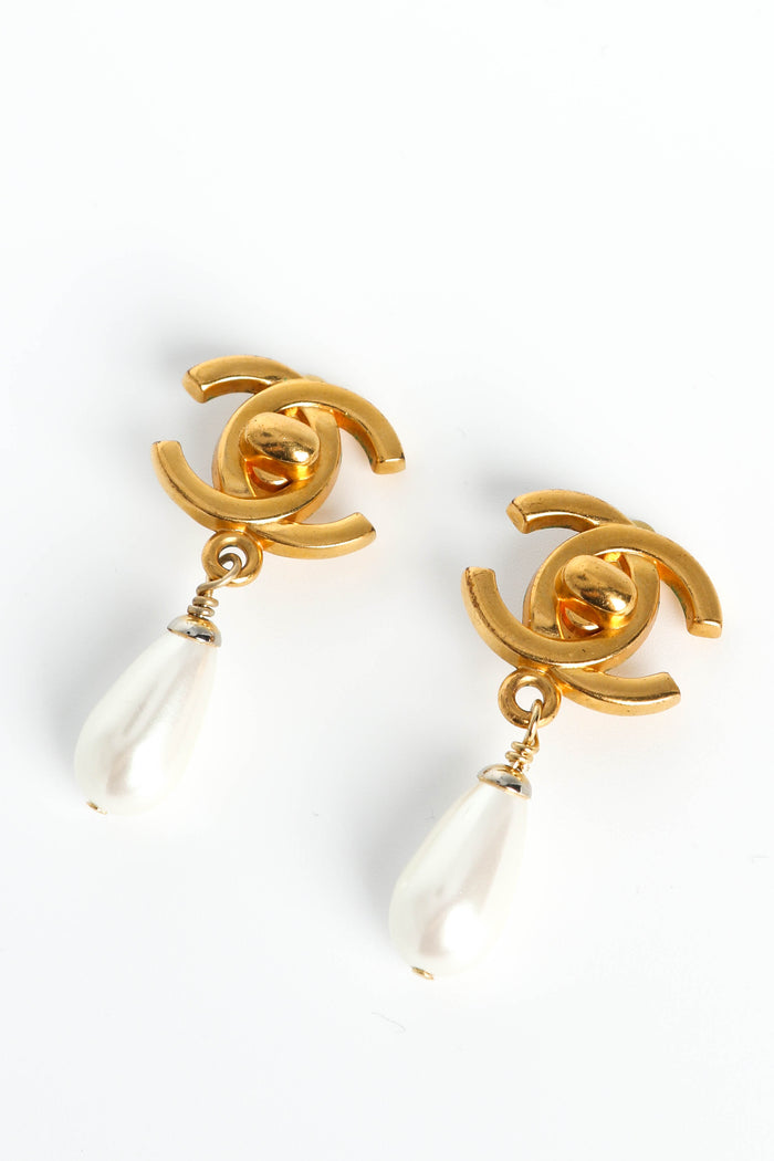 90s Chanel Gold CC Pearl Drop Clip-on Earrings