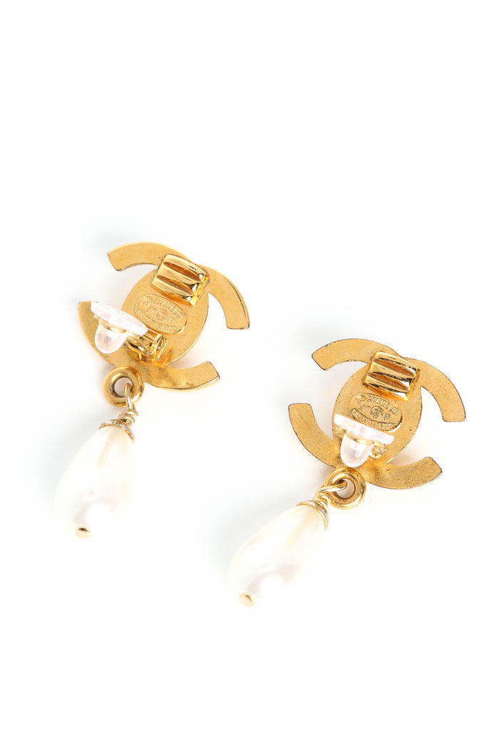 90s Chanel Gold CC Pearl Drop Clip-on Earrings