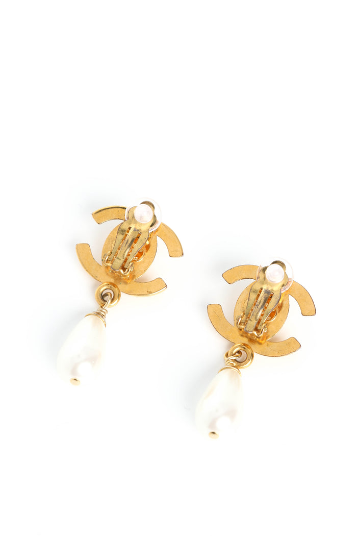 90s Chanel Gold CC Pearl Drop Clip-on Earrings