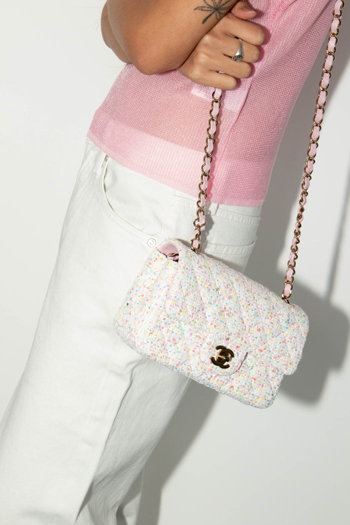 2020s Chanel Multi-coloured Sequin Tweed Mini Rectangular Single Flap Bag