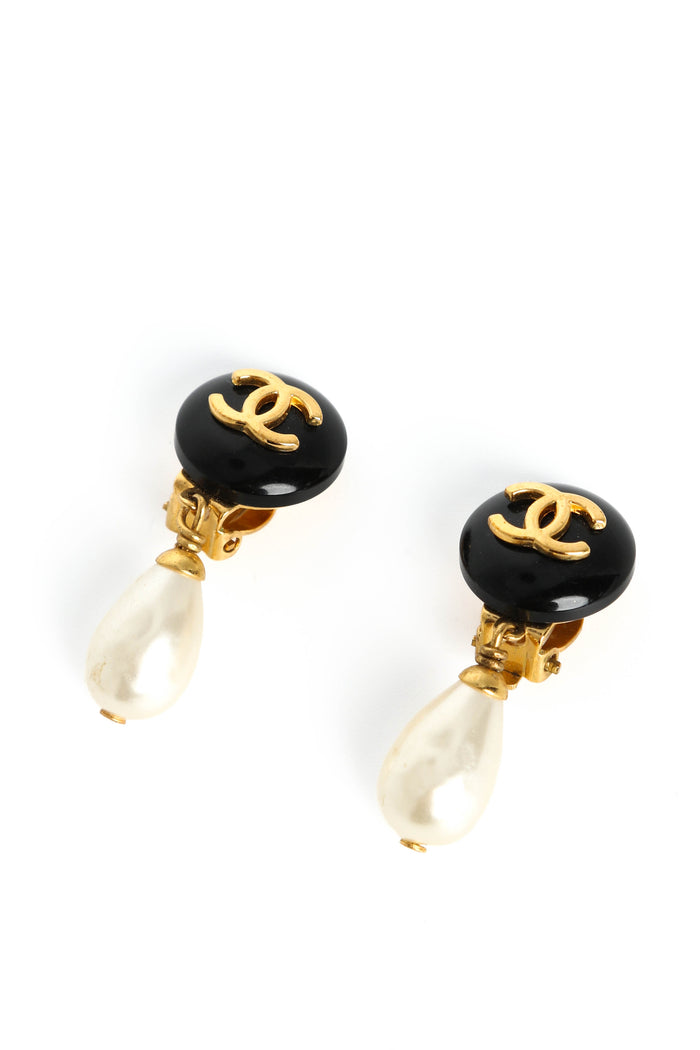 Vintage Chanel Black & Gold Pearl Drop Clip-on Earrings