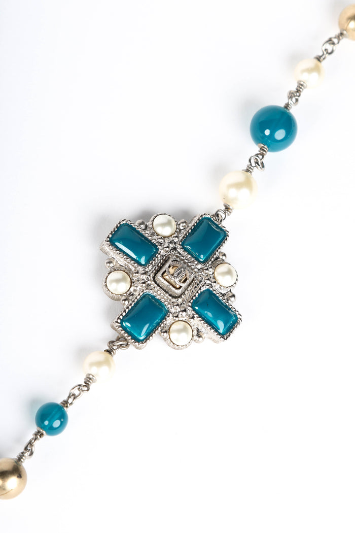 2010s Chanel Faux Pearl and Blue Enamel CC Pendant Necklace