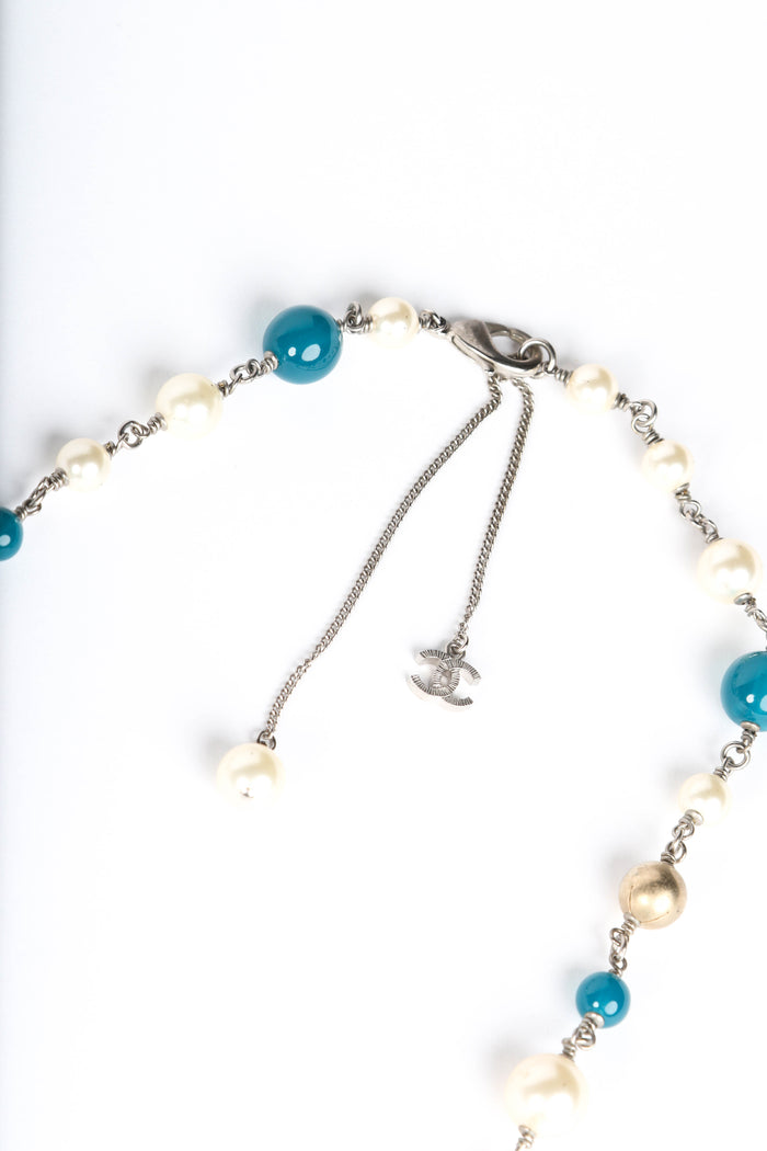 2010s Chanel Faux Pearl and Blue Enamel CC Pendant Necklace
