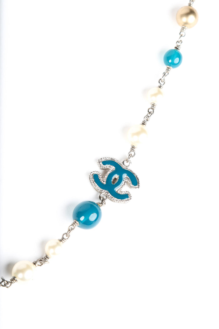 2010s Chanel Faux Pearl and Blue Enamel CC Pendant Necklace