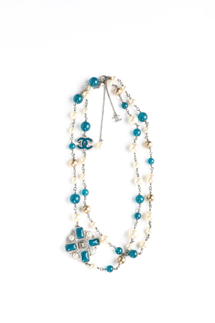 2010s Chanel Faux Pearl and Blue Enamel CC Pendant Necklace