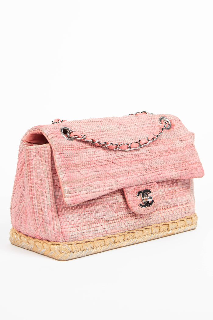 2010s Chanel Pink Raffia Espadrille Single Flap Bag