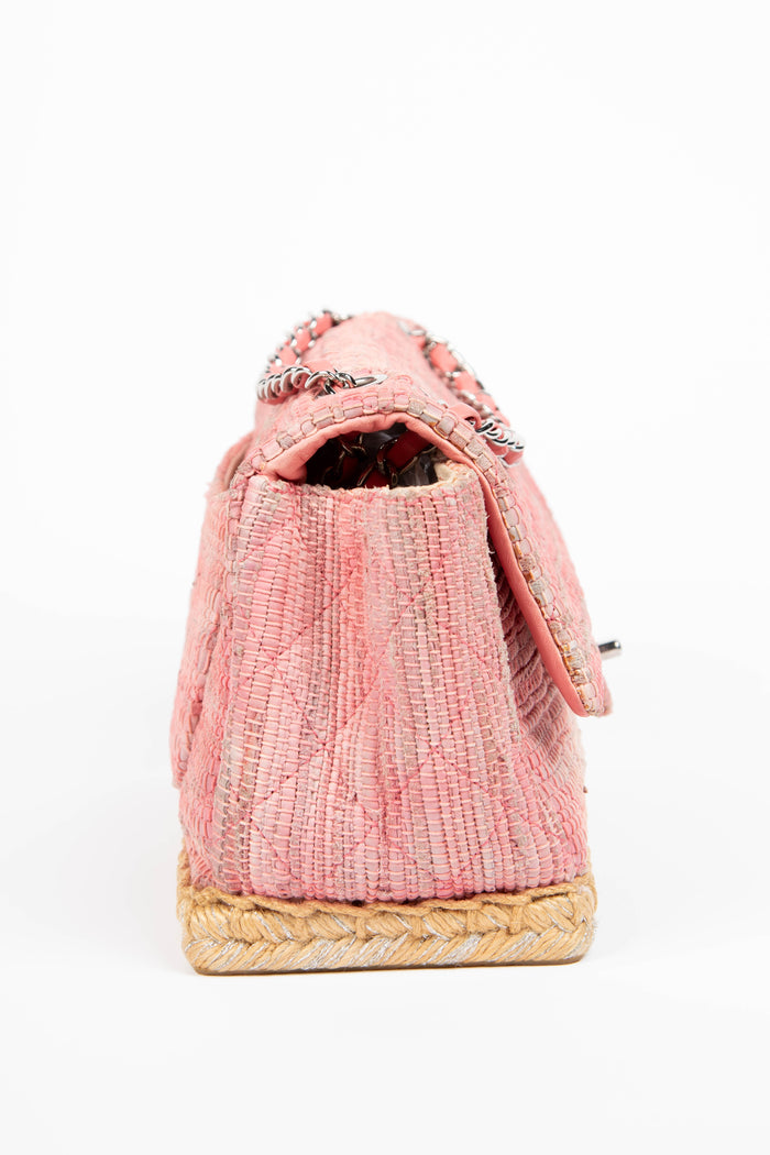 2010s Chanel Pink Raffia Espadrille Single Flap Bag