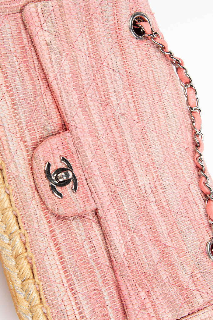 2010s Chanel Pink Raffia Espadrille Single Flap Bag