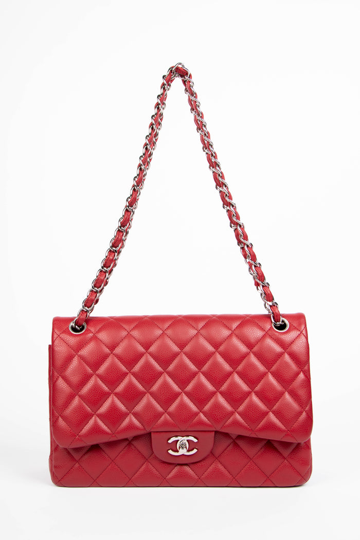 2000s Chanel Red Caviar Leather Jumbo Single Flap Shoulder Bag