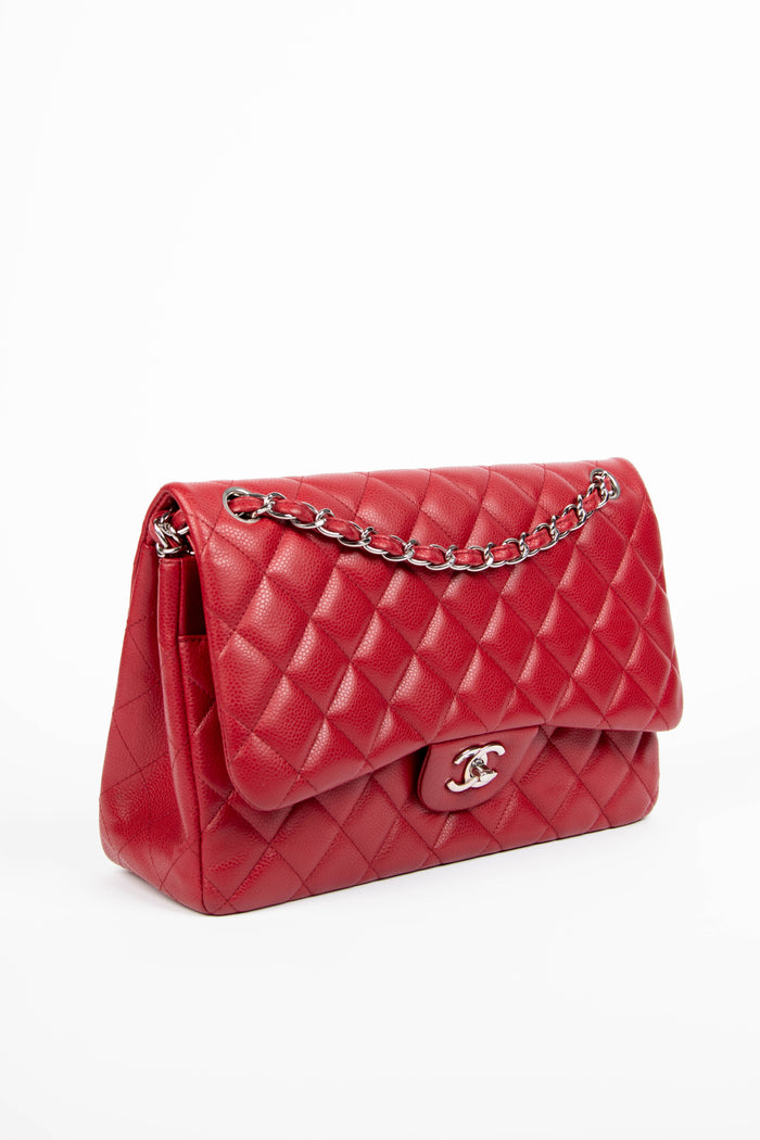 2000s Chanel Red Caviar Leather Jumbo Single Flap Shoulder Bag