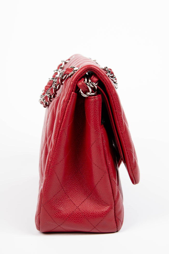 2000s Chanel Red Caviar Leather Jumbo Single Flap Shoulder Bag