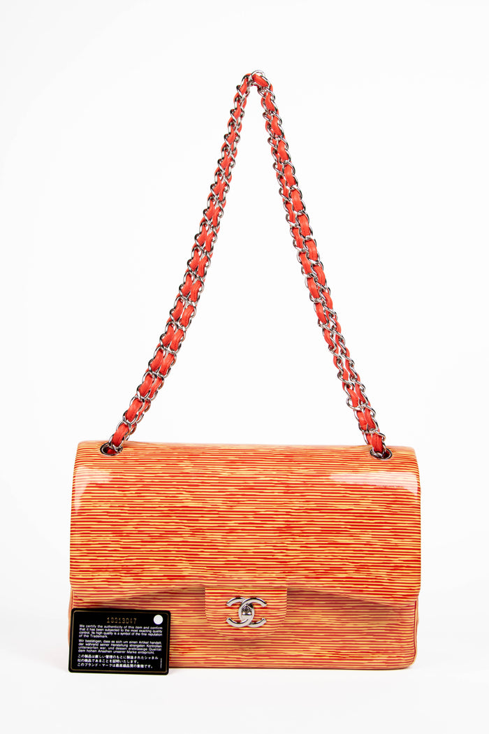 2010s Chanel Patent Leather Striped Jumbo Double Flap Bag
