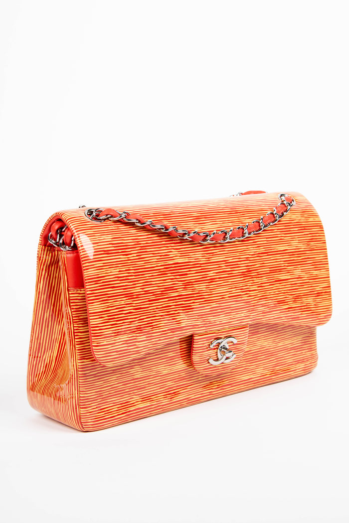 2010s Chanel Patent Leather Striped Jumbo Double Flap Bag