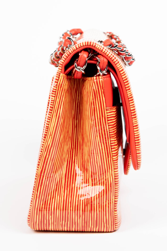 2010s Chanel Patent Leather Striped Jumbo Double Flap Bag