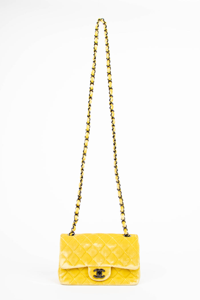 2010s Chanel Yellow Velvet Mini Rectangular Flap Shoulder Bag