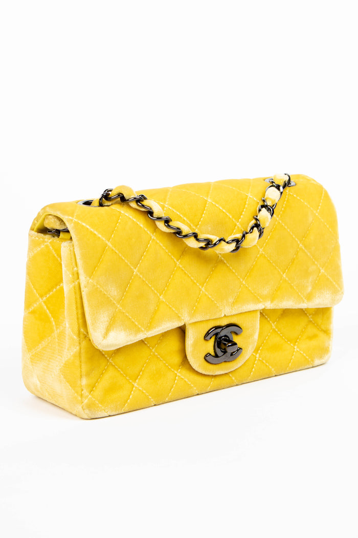 2010s Chanel Yellow Velvet Mini Rectangular Flap Shoulder Bag