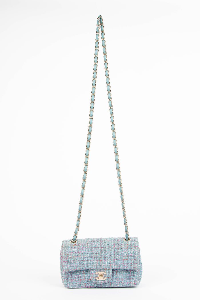 2020s Chanel Blue Tweed Mini Rectangular Single Flap Shoulder Bag
