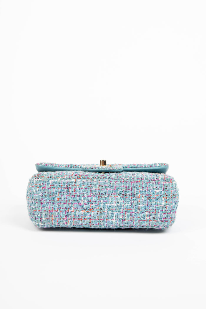 2020s Chanel Blue Tweed Mini Rectangular Single Flap Shoulder Bag
