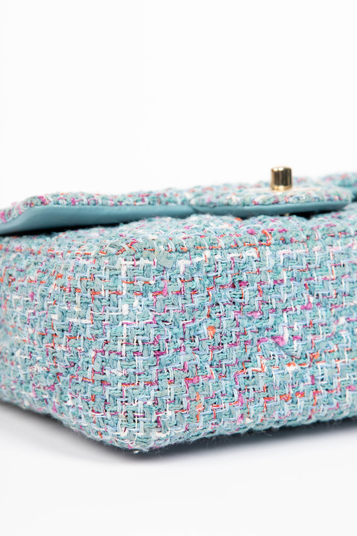 2020s Chanel Blue Tweed Mini Rectangular Single Flap Shoulder Bag