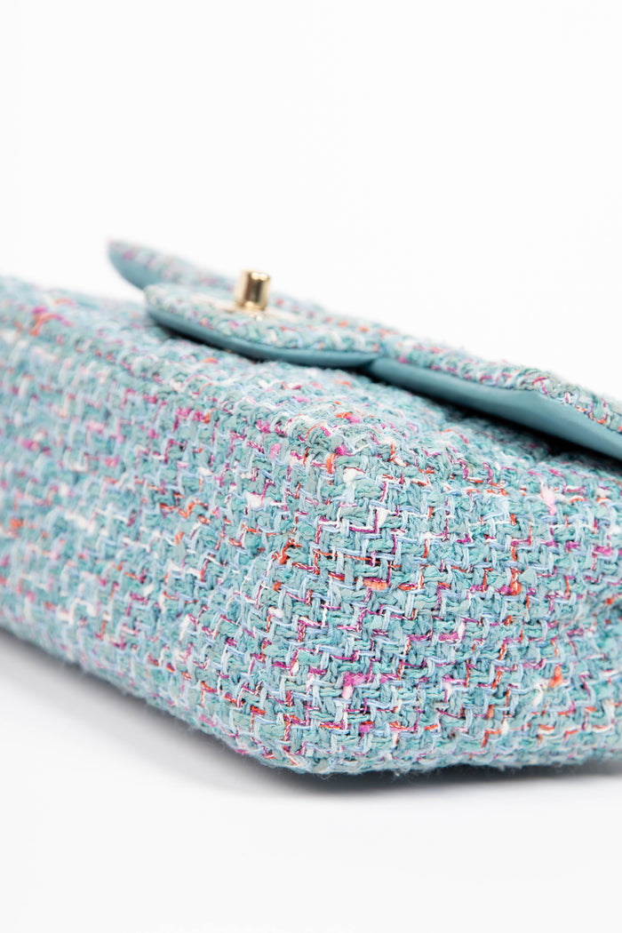 2020s Chanel Blue Tweed Mini Rectangular Single Flap Shoulder Bag