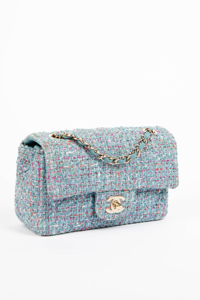 2020s Chanel Blue Tweed Mini Rectangular Single Flap Shoulder Bag